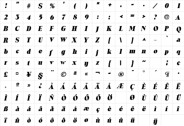 ToledoLH Bold Italic  glyph index