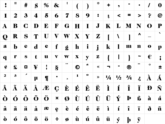 Caslon 224 LT Black Regular  glyph index