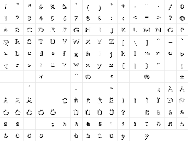 Jhunwest 3D Regular  glyph index