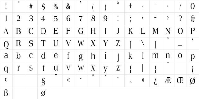 JadeCondensed Regular  glyph index