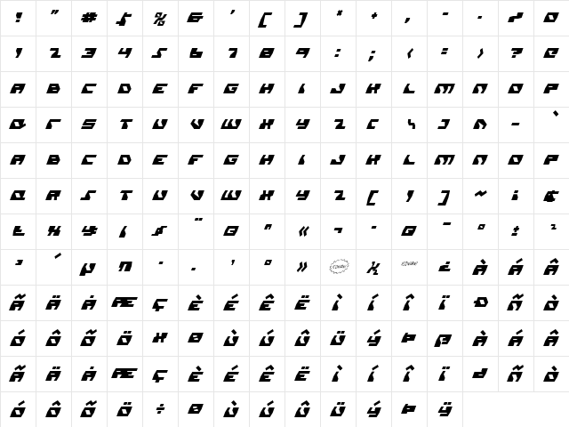 Daedalus Condensed Condensed Italic  glyph index