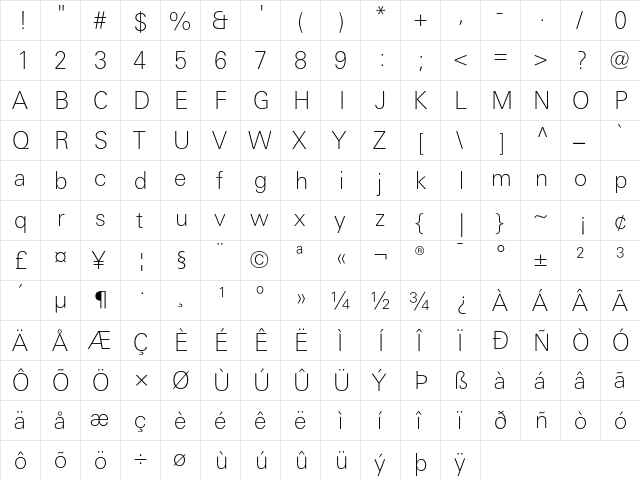 LinotypeUnivers BasicThin  glyph index