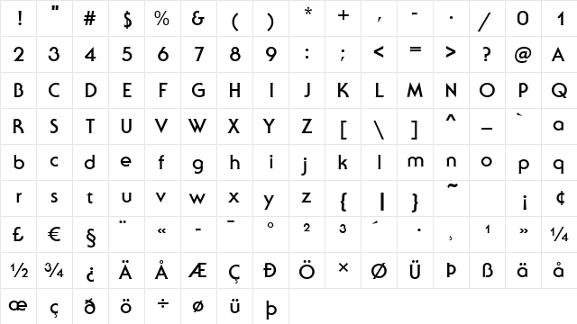 Sebastian Bold  glyph index