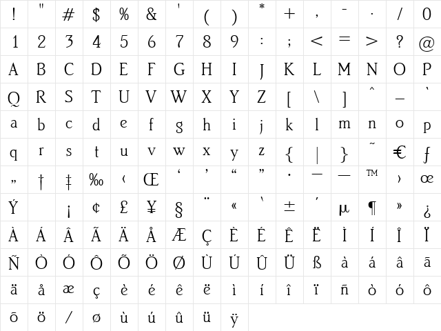 SarahLight Regular  glyph index
