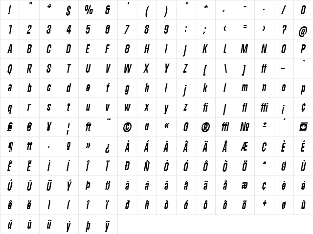 Trump Gothic West Bold Italic  glyph index