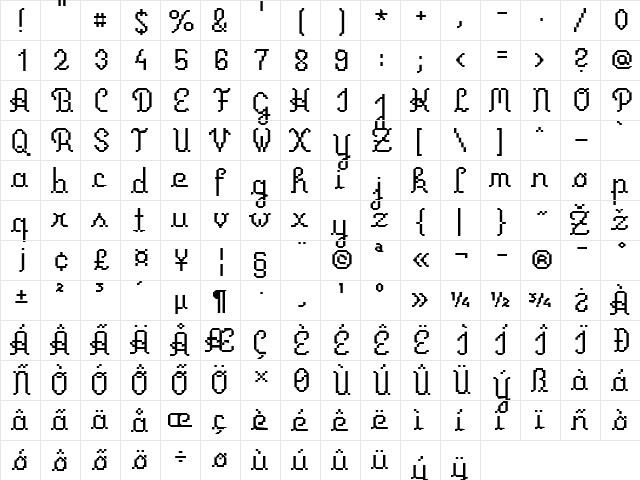 Primus Script Regular  glyph index