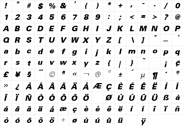 Uniform Black Italic  glyph index