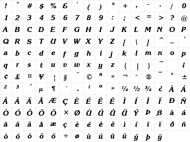 Enchanted Bold Italic  glyph index