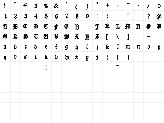 AngloSSK Bold  glyph index