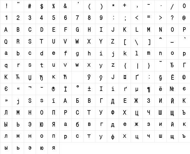 MonoCondensedCTT Bold  glyph index