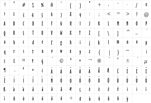 Hobby Condensed Normal  glyph index