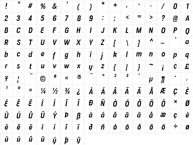 Veriox SemiBold Italic  glyph index