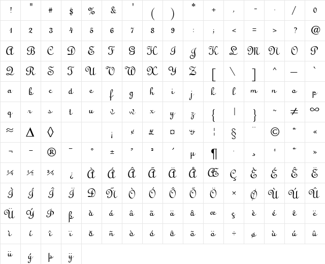 LightScript DB Regular  glyph index