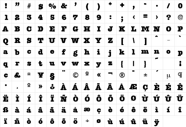 Typewriter-Serial-Heavy Regular  glyph index