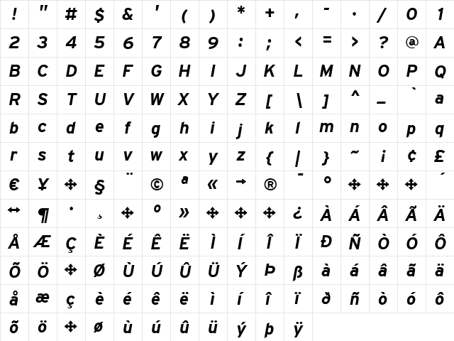 Interstate Regular  glyph index