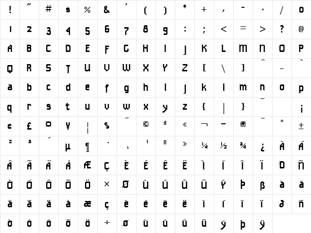 Tekno ICG Bold  glyph index