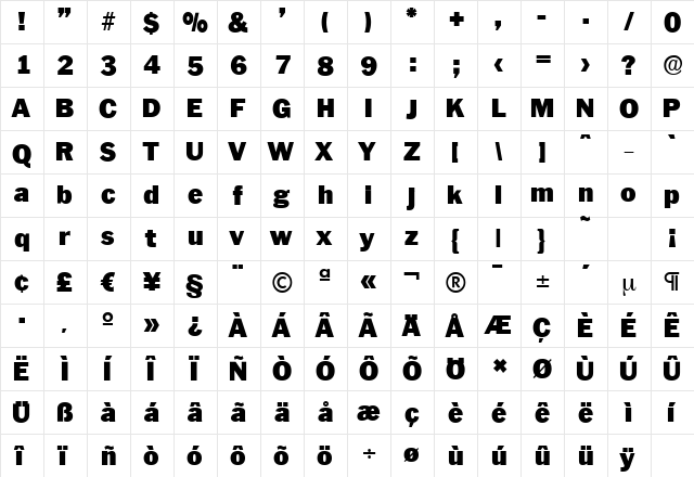 PlymouthSerial-Black Regular  glyph index