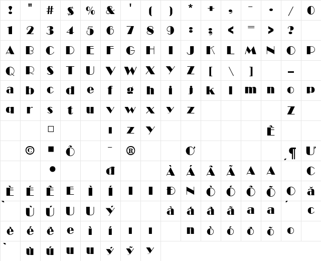 Broad Bold  glyph index