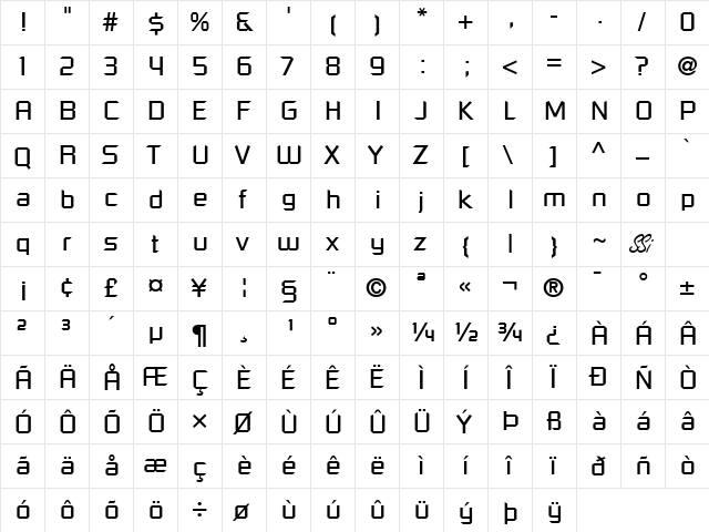 Shoestring SSi Regular  glyph index