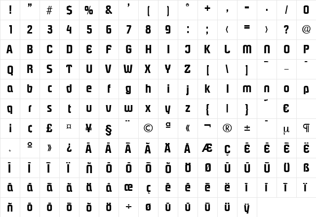 Pasadena-DemiBold Regular  glyph index