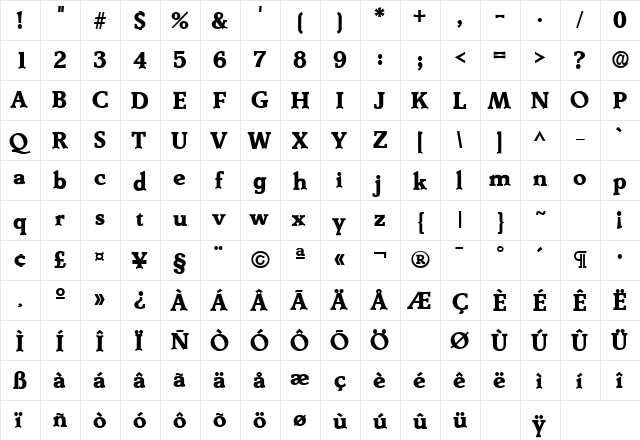 Kitchener Heavy SF Bold  glyph index