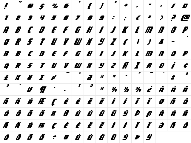 Camp Justice Super-Italic Italic  glyph index