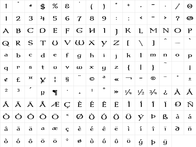 Dumbledor 1 Wide Regular  glyph index