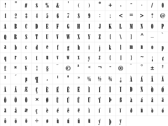 Bodoni PosterCompressed Regular  glyph index