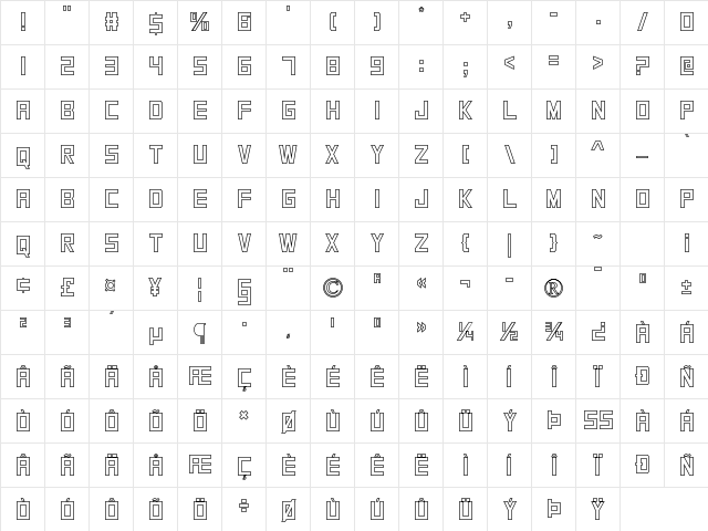 SquareFont Outline Regular  glyph index