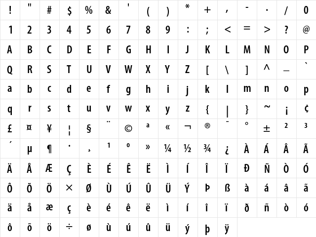 Myriad Cn Semibold  glyph index