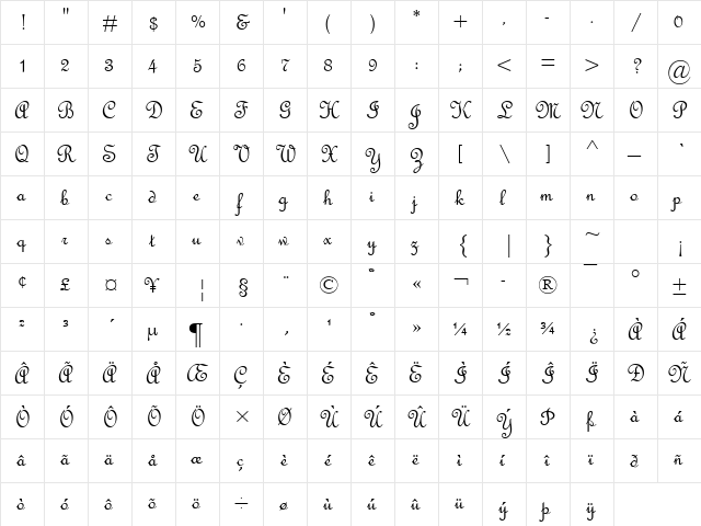 FrenchScript Regular  glyph index
