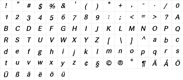helvari Medium Italic  glyph index