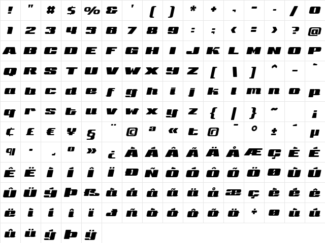 Sneakers Script UltraWide Regular  glyph index