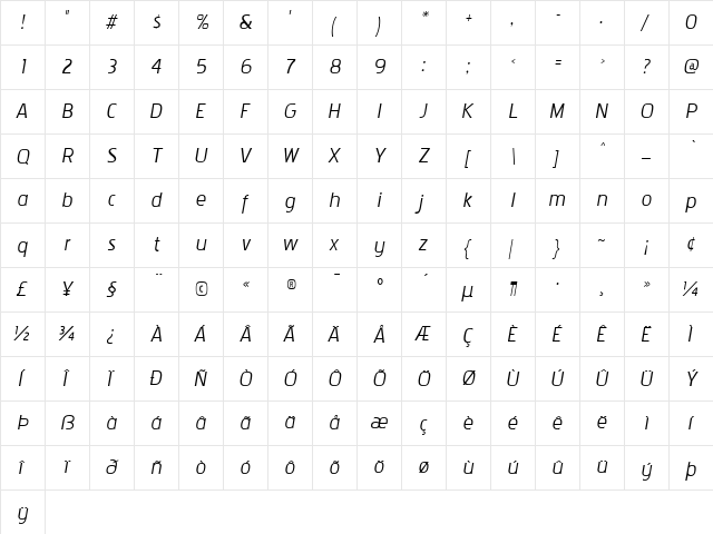 Pakenham Xp Italic  glyph index