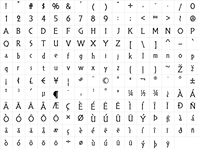 Blandford Woodland NF Regular  glyph index