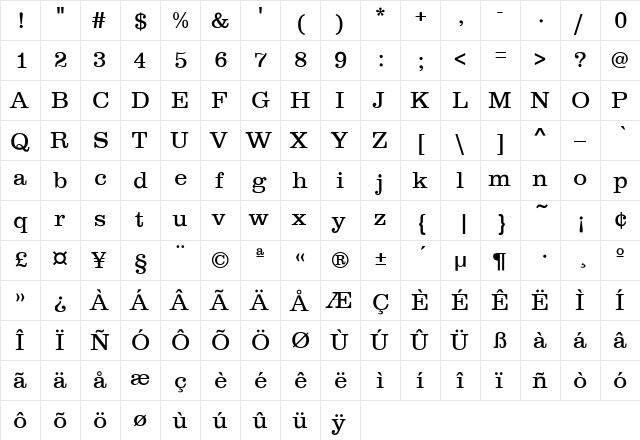 Canadian Regular  glyph index