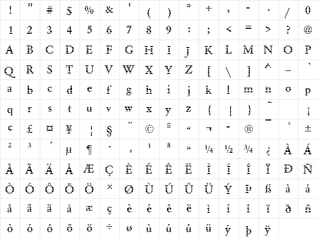 DTCGaramondM02 Regular  glyph index