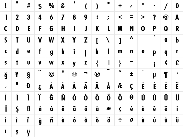 FuturaCondensedBold Regular  glyph index