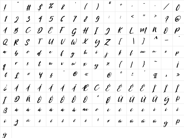 Mersella Italic  glyph index