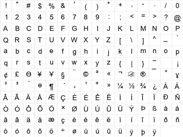 KZ Arial Regular  glyph index