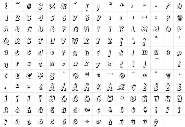 JacobBeckerShadow-ExtraBold Italic  glyph index