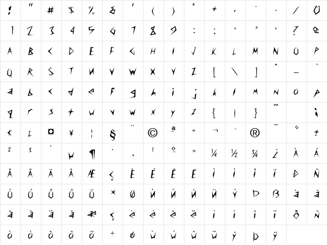 Frantic Normal  glyph index