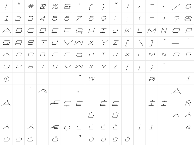 Architext Itali Regular  glyph index