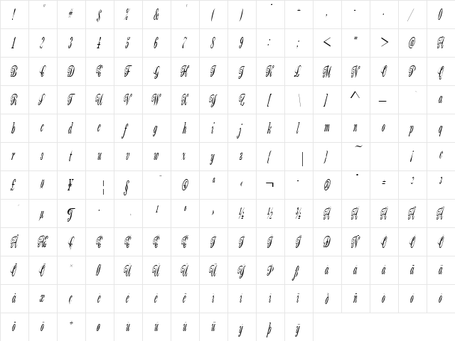BordeauxScrD Regular  glyph index