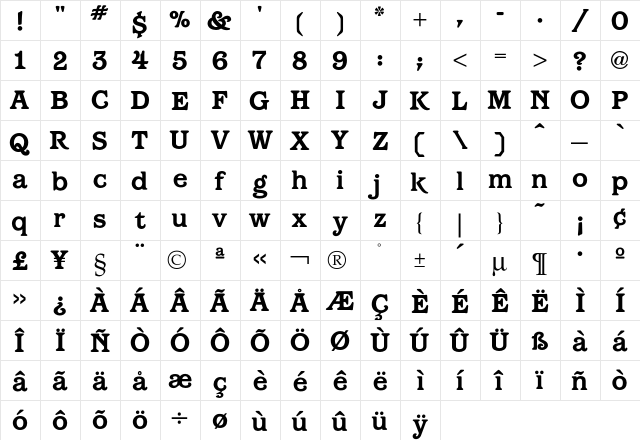 Barcelona Bold  glyph index