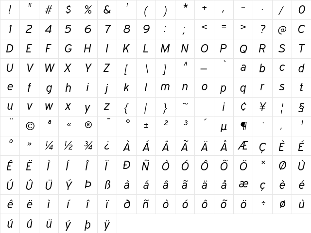 Expressway Bk Italic  glyph index