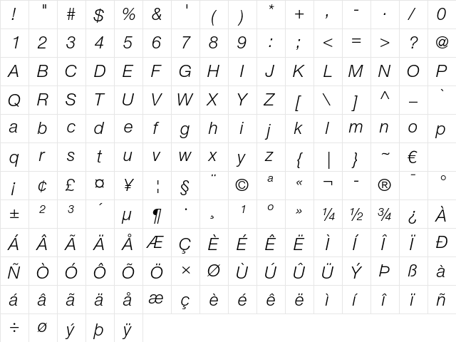 Helvetica Neue LT Pro 46 Light Italic  glyph index