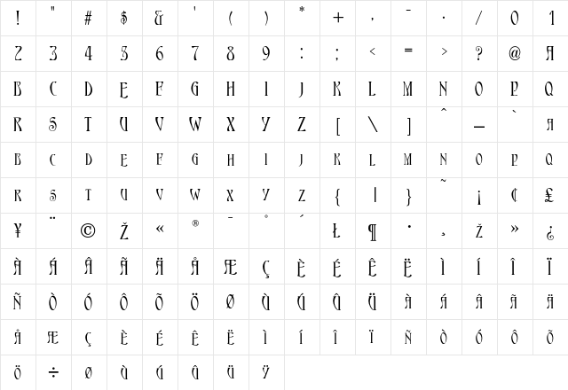 Ambrosia Regular  glyph index