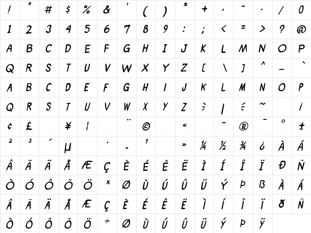 Shoujo Pop! Bold Italic  glyph index