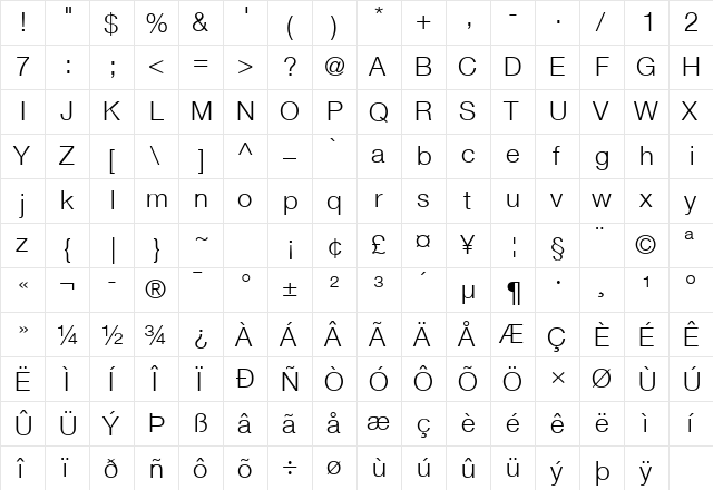 Helvetica Neue LT Com 45 Light  glyph index